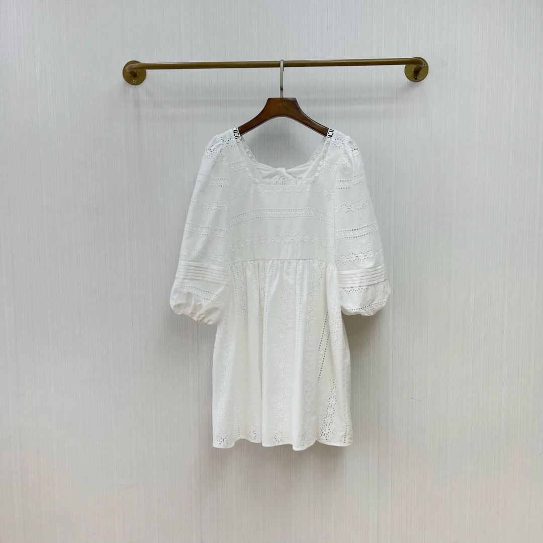 

2022 new women fashion bubble short-sleeved square neck bow little white dress 0622