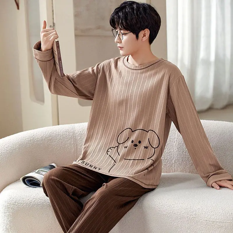 SUO&CHAO Spring Autumn New Pajamas Sets For Mens Long Sleeve Round Neck Tops And Long Pants 2PCS Nightgown