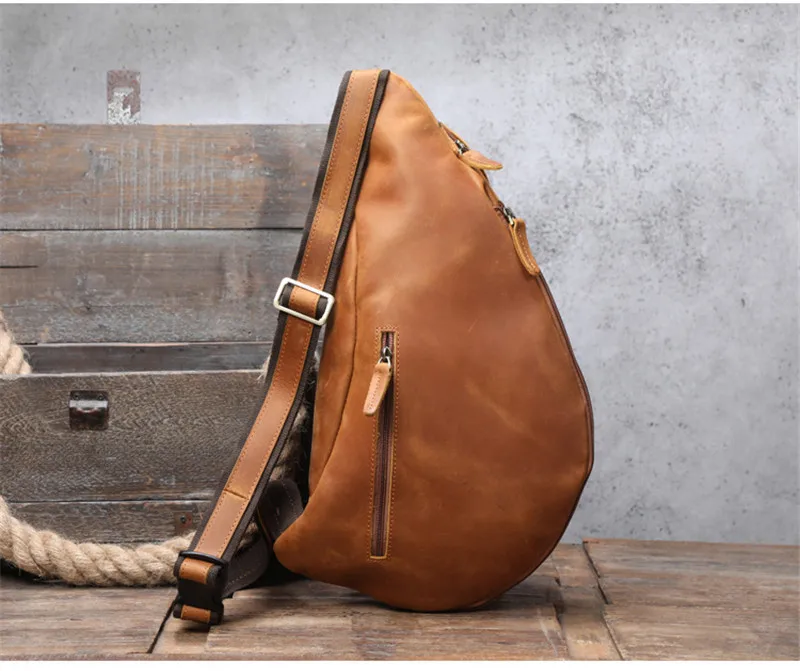 Retro fashion crazy horse leather chest bag men's large-capacity messenger bag casual sports one-shoulder bag cowhide backpack