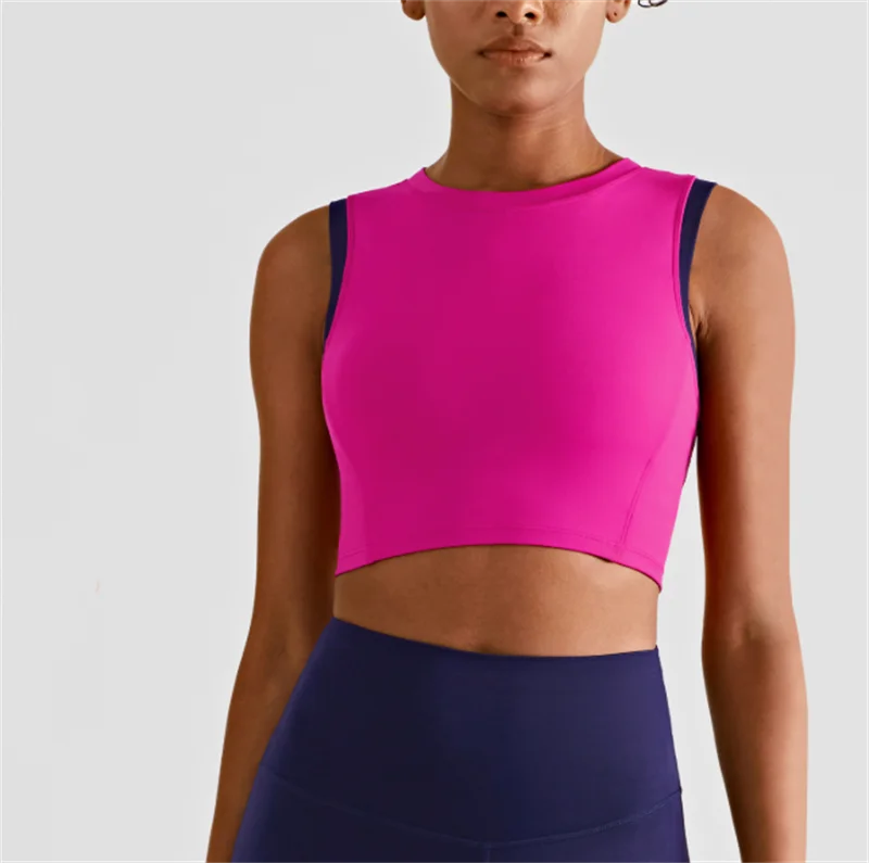 

2022 Contrast Color Summer Sports Vest Women's Quick Dry Sleeveless Breathable High Round-neck Within Pad Tank Tops