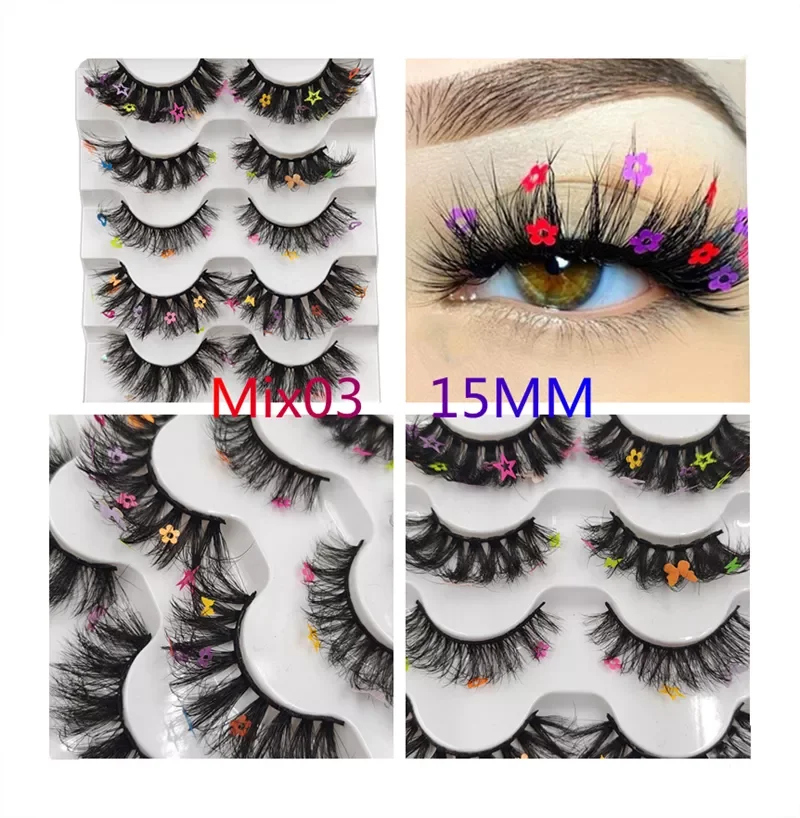 

5 Pairs Red, Green, Yellow, Pink Colored Eyelashes for Wholesale Colorful Faux Lashes in Bulk with butterfly and flowers ombre