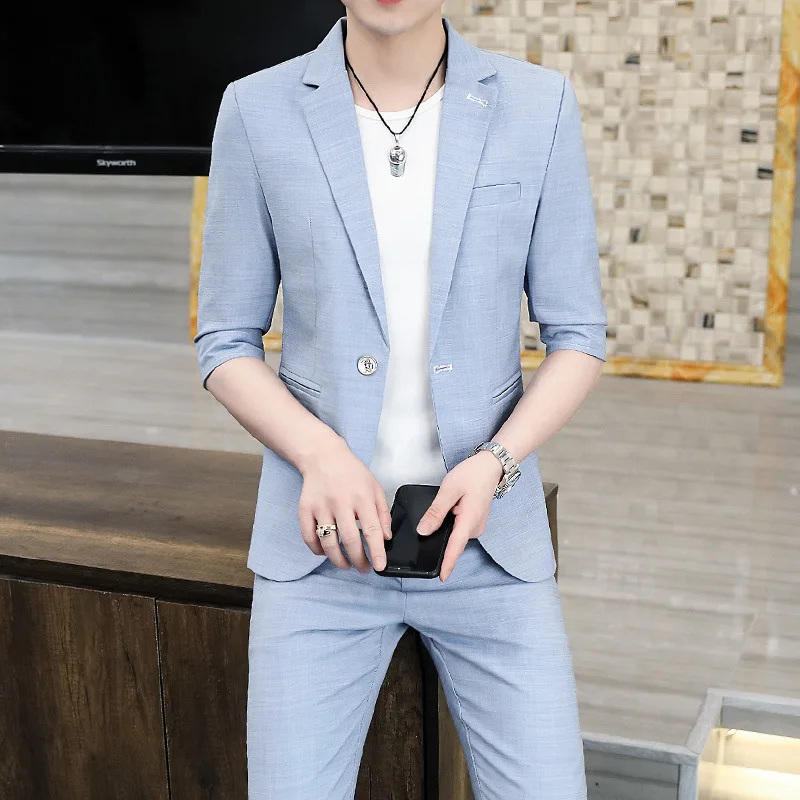 

Summer men's suits 2022 new hair stylist handsome print medium-sleeve small suit jacket three-quarter sleeves men suits