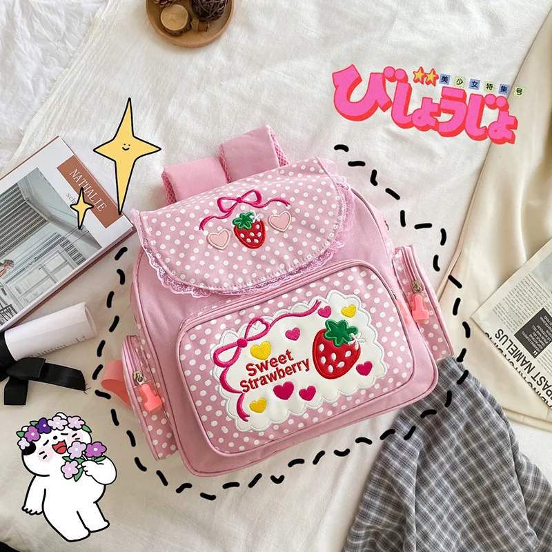 

New Japanese School Bags Backpack Kids Cute Soft Girl Sweet Lovely Embroidered Fruit Strawberry Lace Girl Student Schoolbag Girl