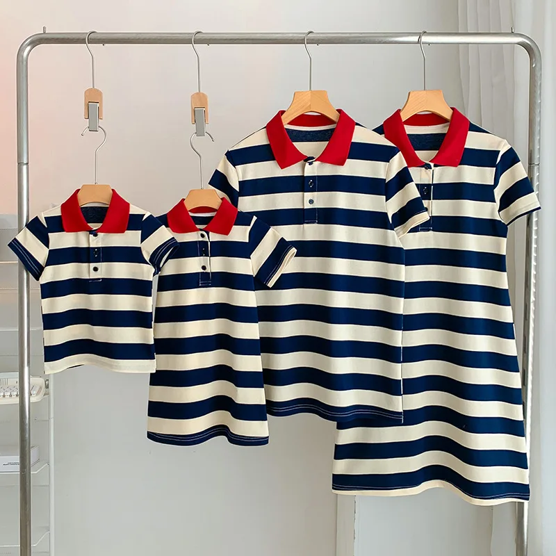 

Summer Tourism 2023 New Parent-child Dress For A Family Of Three Westernized Mother-daughter Striped Polo Dress T-shirt Holiday