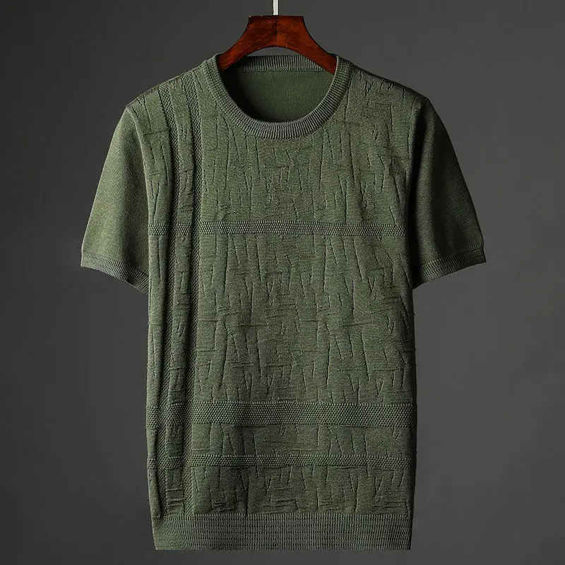 

2022 Men's Summer New Knitting Slim Fit Leisure O-Neck Short Sleeves Tops Shirts Male Korean Casual Solid Color T-shirts L150