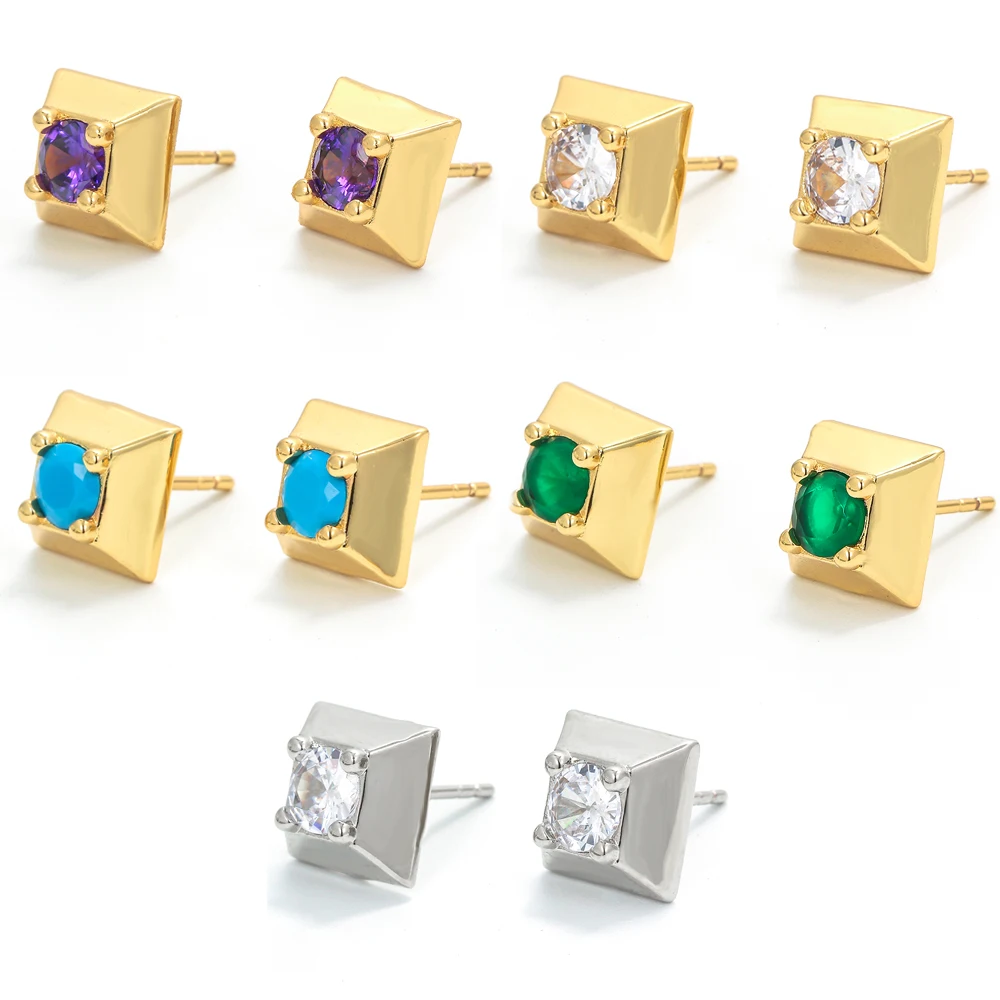 

EYIKA Gold Plated Colorful Cubic Zirconia Trapezoid Stud Earrings Women Girl Small Piercing Pendiente Exquisite Jewelry For Gift