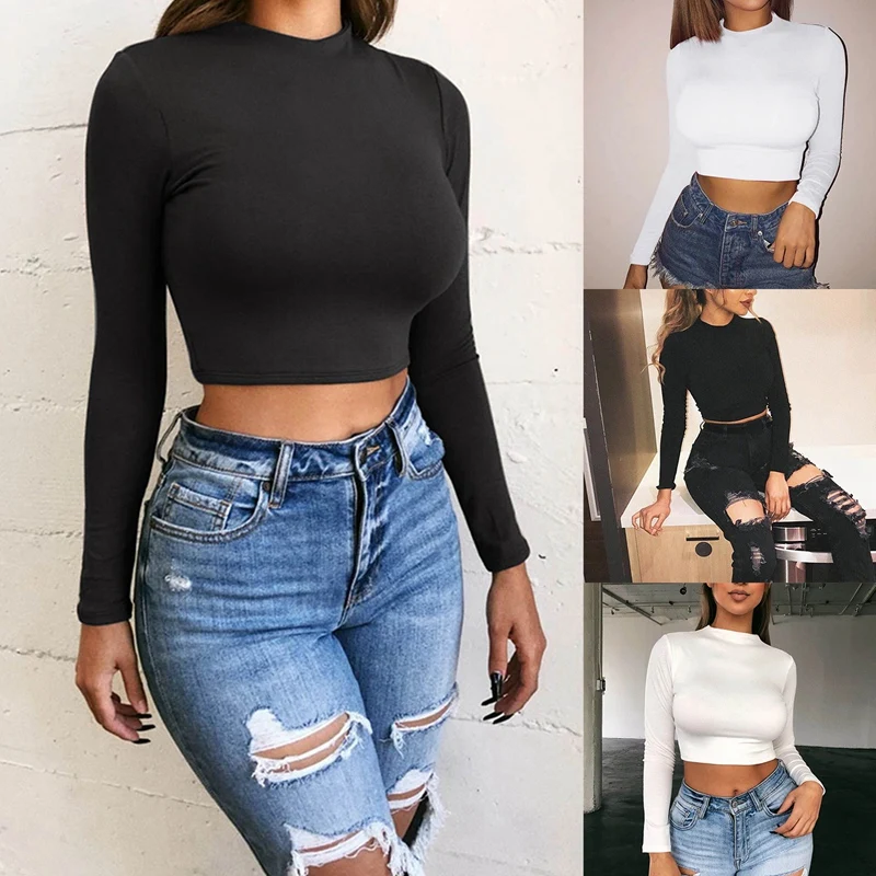 

O Neck Long Sleeve Shirt Women Sexy Cropped Tops Spring Black Casual Skinny Slim Basic