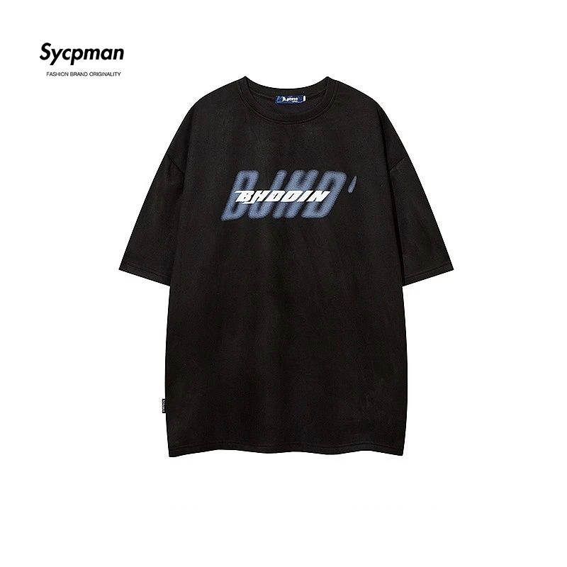 

Sycpman American Hiphop Letter Graffiti Suede Short Sleeved T Shirt Men's High Street Couple Tee