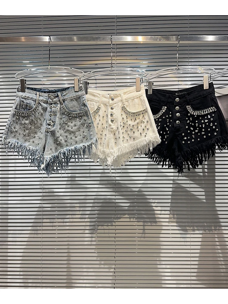 

HIGH STREET New Fashion 2023 Designer Skirt Women's Rhinestone Beaded Tassel Edge Denim Shorts
