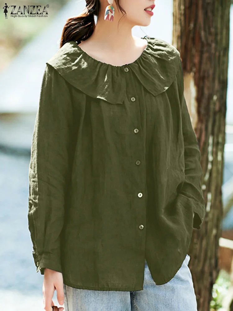 

Fashion Autumn Blouses ZANZEA Women Vintage Lapel Long Sleeve Solid Shirt Casual Holiday Work Tops Loose Button Blusas Femme