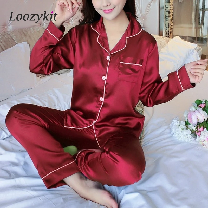 

Women's Silk Pajamas Set V Neck Luxury Long Pants Long Sleeved Sleepwear Nightwear Large Size Home Clothes Homewear Loungewear