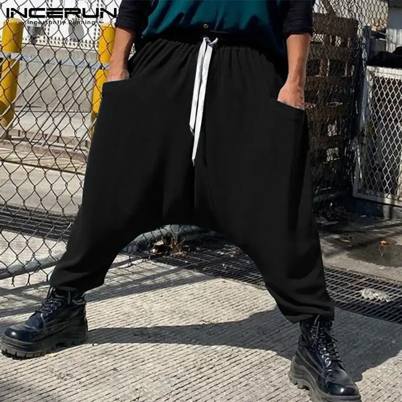 

Men Harem Pants 2023 Drawstring Joggers Streetwear Loose Drop-crotch Trousers Pockets Solid Color Casual Pantalon S-5XL INCERUN