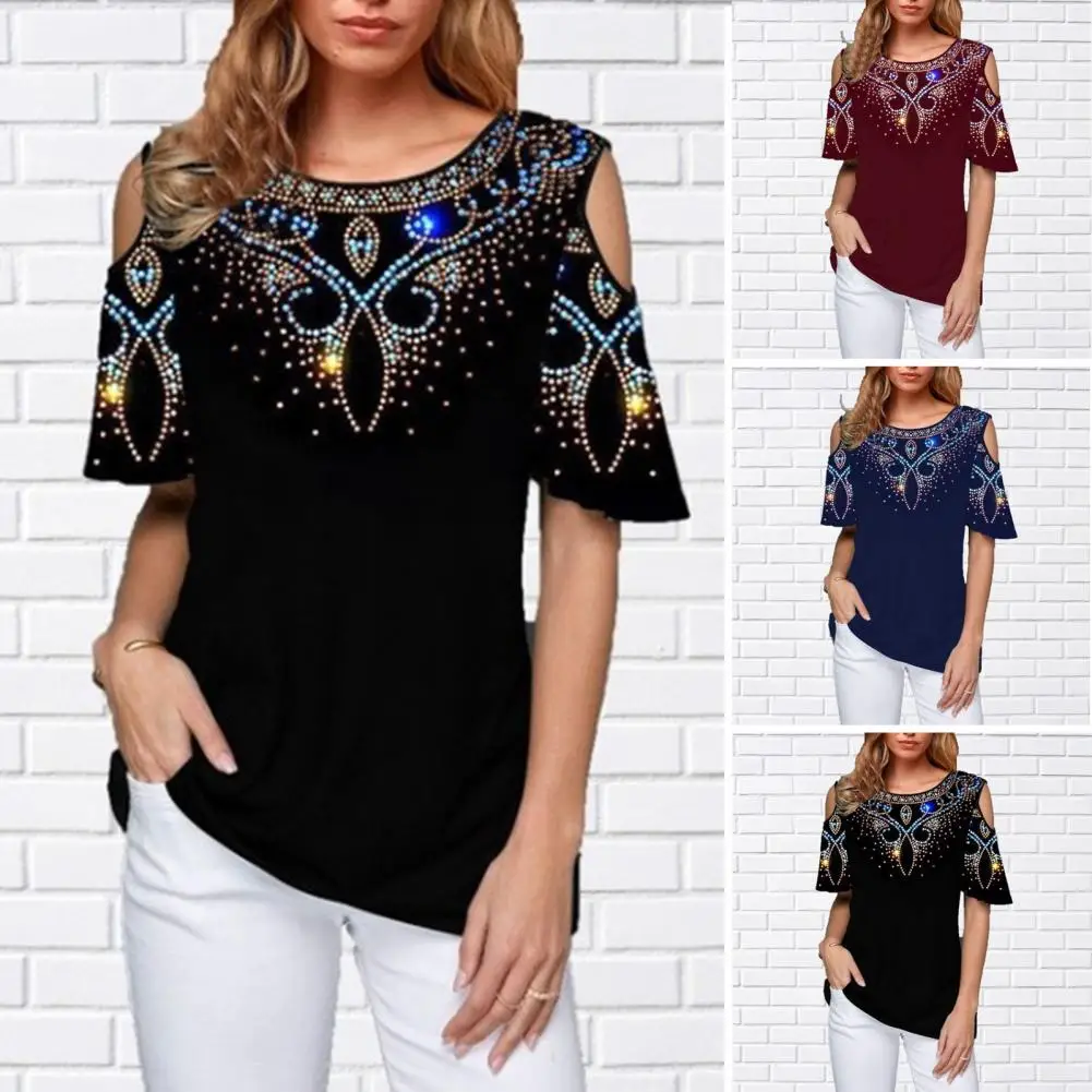 

Женская футболка с круглым вырезом, коротким рукавом и открытыми плечами