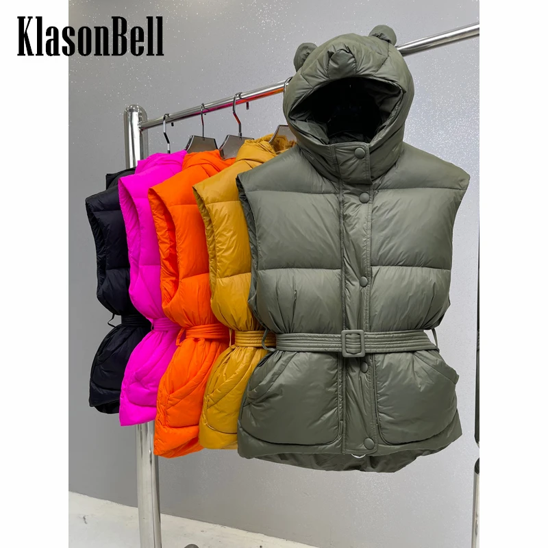 

9,5 KlasonBell Зимняя мода с капюшоном с лисьими ушками/медвежьими ушками с поясом без рукавов на молнии пуховое пальто жилет для женщин
