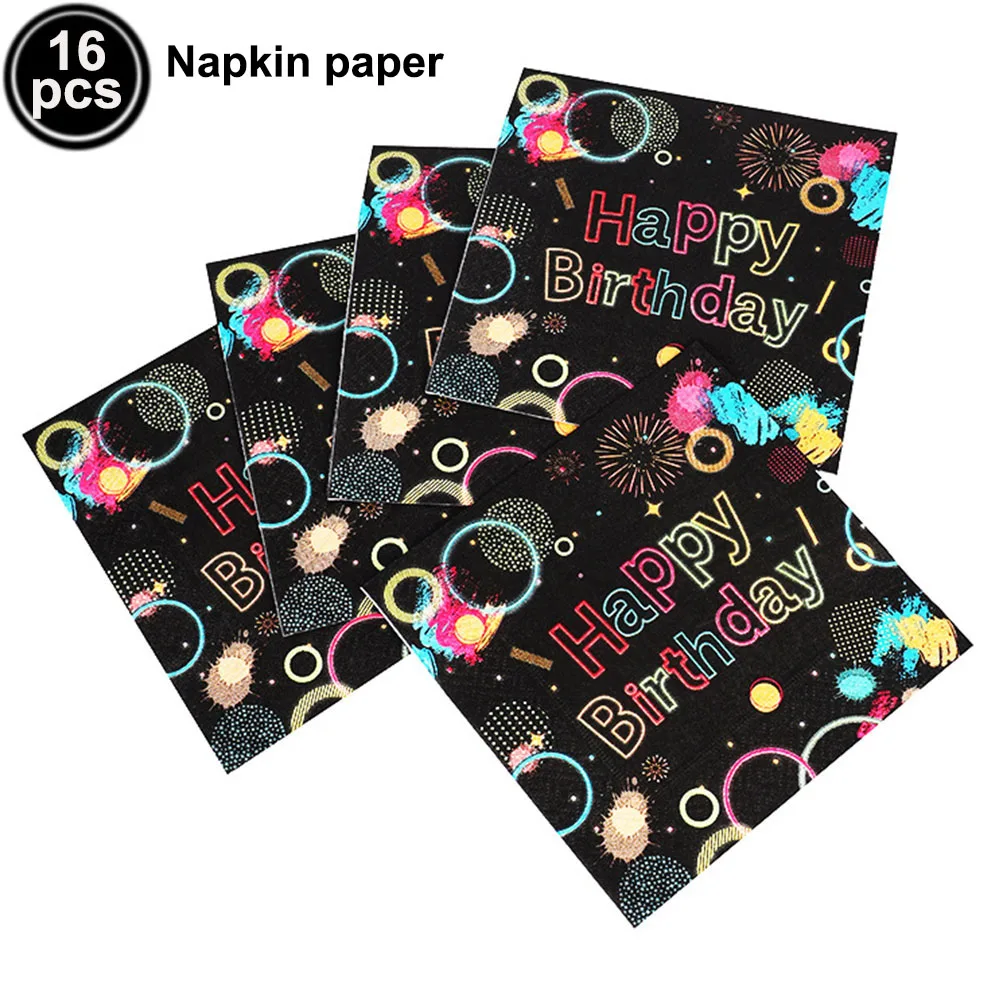 

Glow Neon Theme Party Happy Birthday Napkins Banner 80s 90s Party Disposable Tableware for Adults Kids Birthday Party Supplies