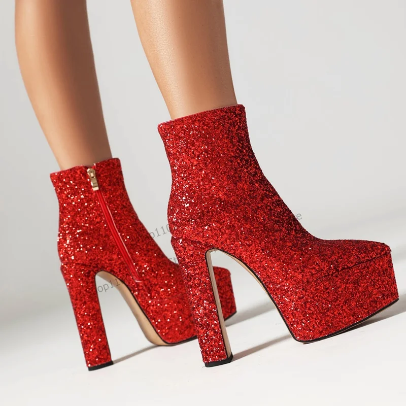 Женские ботинки на шпильке красные платформе с блестками высоком каблуке