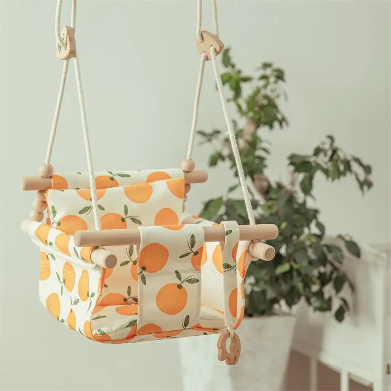 

Baby Canvas Swing Chair Hanging Wood Children Kindergarten Toy Outside Indoor Small Basket Beige Swinging Rocking Chair Baby Toy