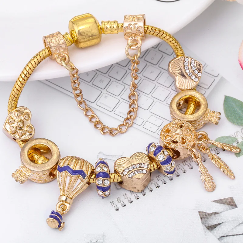 

Blue Enamel Hot Air Balloon Charms Bracelet Women Gold Color Dreamcatcher Pendant Clear CZ Heart O Crown Beads for Bijoux Making