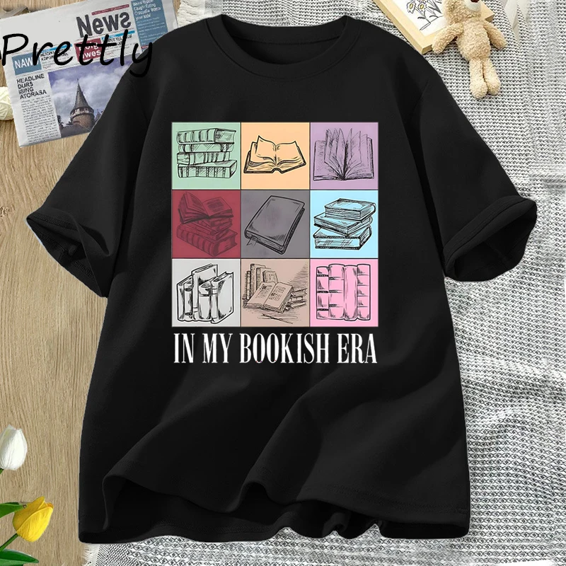 Фото Футболка в моем книжном эпоху, ретро романтика, футболки с рисунком из мультфильма, футболка с рисунком книги, влюбленных, книг, летняя Хлопковая женская одежда, топы №1