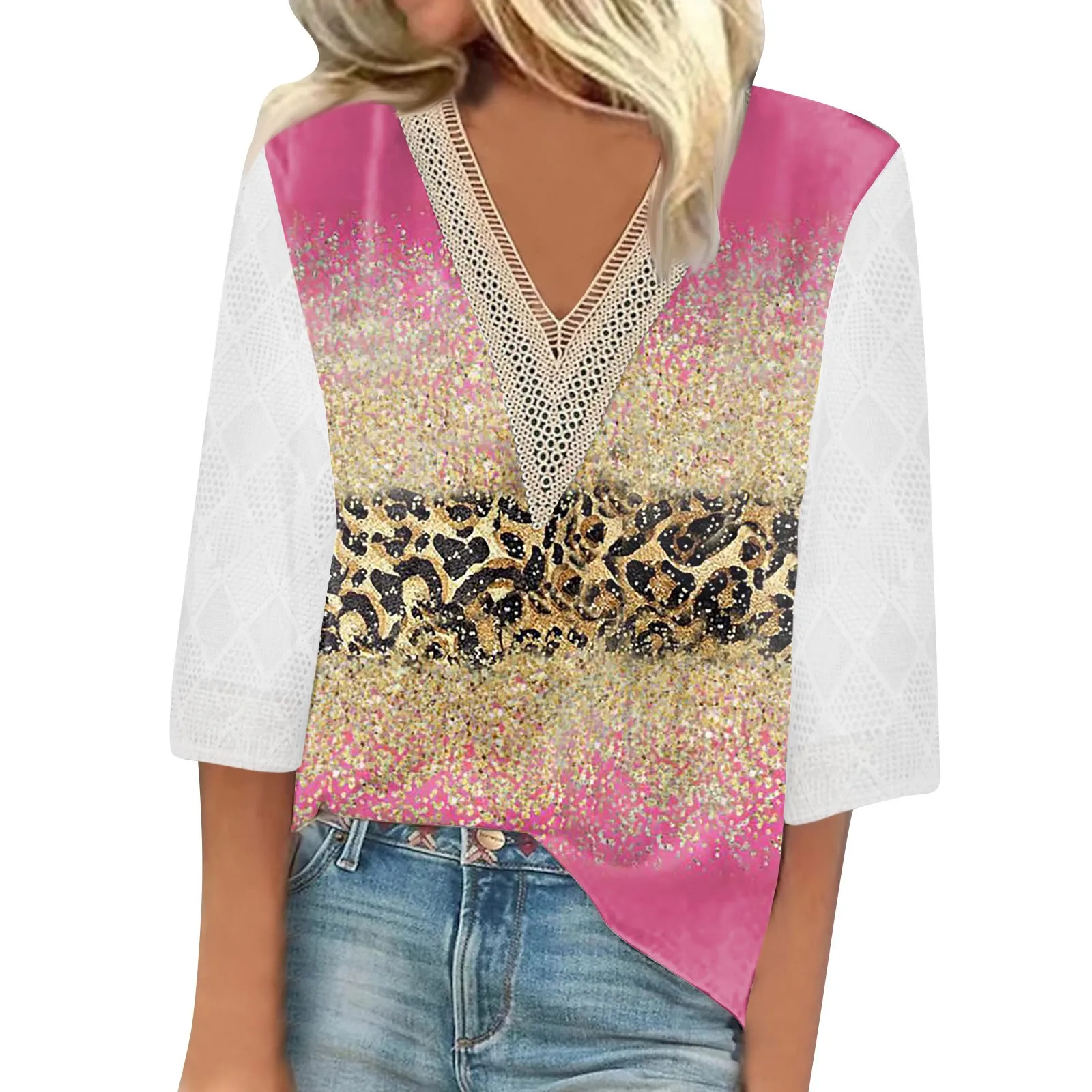 

Women V Neck Sleeve Shirts Print Lace Casual Blouse Loose Work Tunic Tops Fashion Woman Blouse 2023 T Shirt For Women New