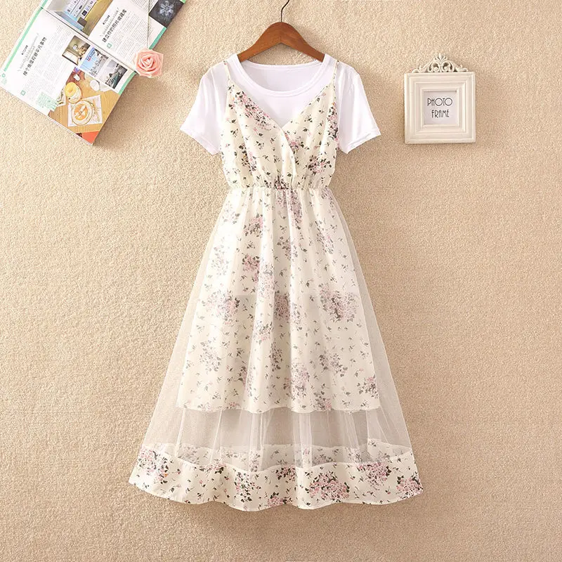 

Women 2022 Summer Fashion Sets Female Round Neck Loose Short Sleeve T-Shirt + Floral Mesh Suspender Dress Two Pieces Suit M76