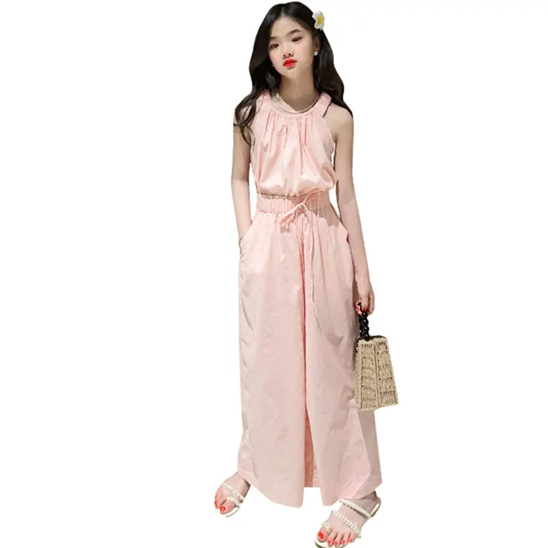 

Casual Teens Girls Cotton and Linen Clothes Suit Summer Vest Top + Wide Leg Pants 2pcs Leisure Outfits Girl Costume Sets 5-14Yrs