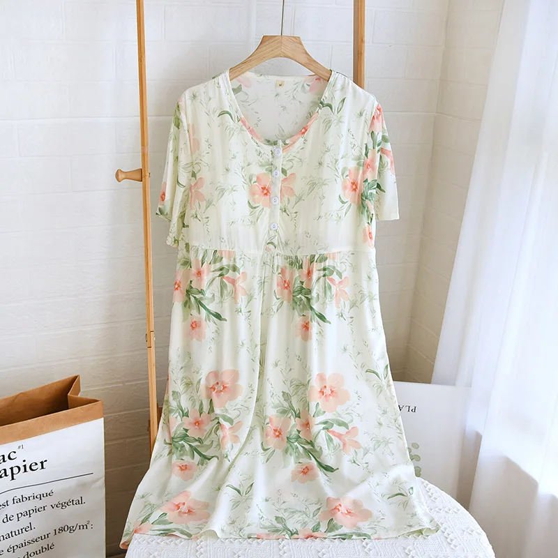 Korean Sleepwear Women Short Sleeve Printed Night Wear Dress Loose Summer Nightgowns Female Lounge Nightdress Vestido Mujer