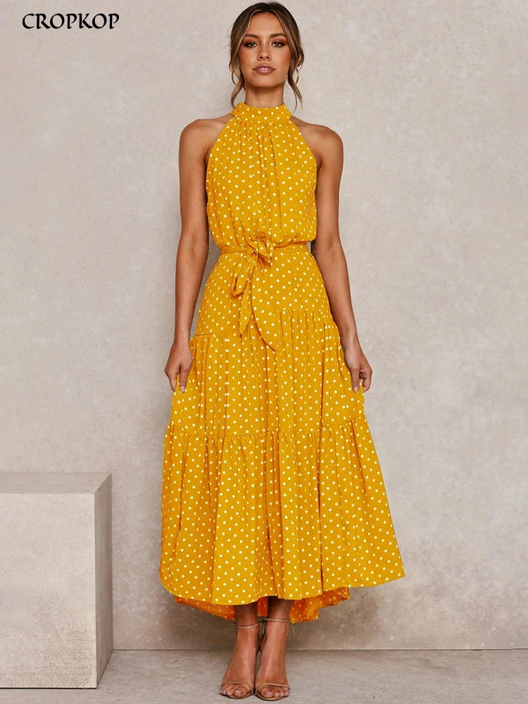 

Summer Long Dress Polka Dot Casual Dresses Black Sexy Halter Strapless New 2023 Yellow Sundress Vacation Clothes For Women