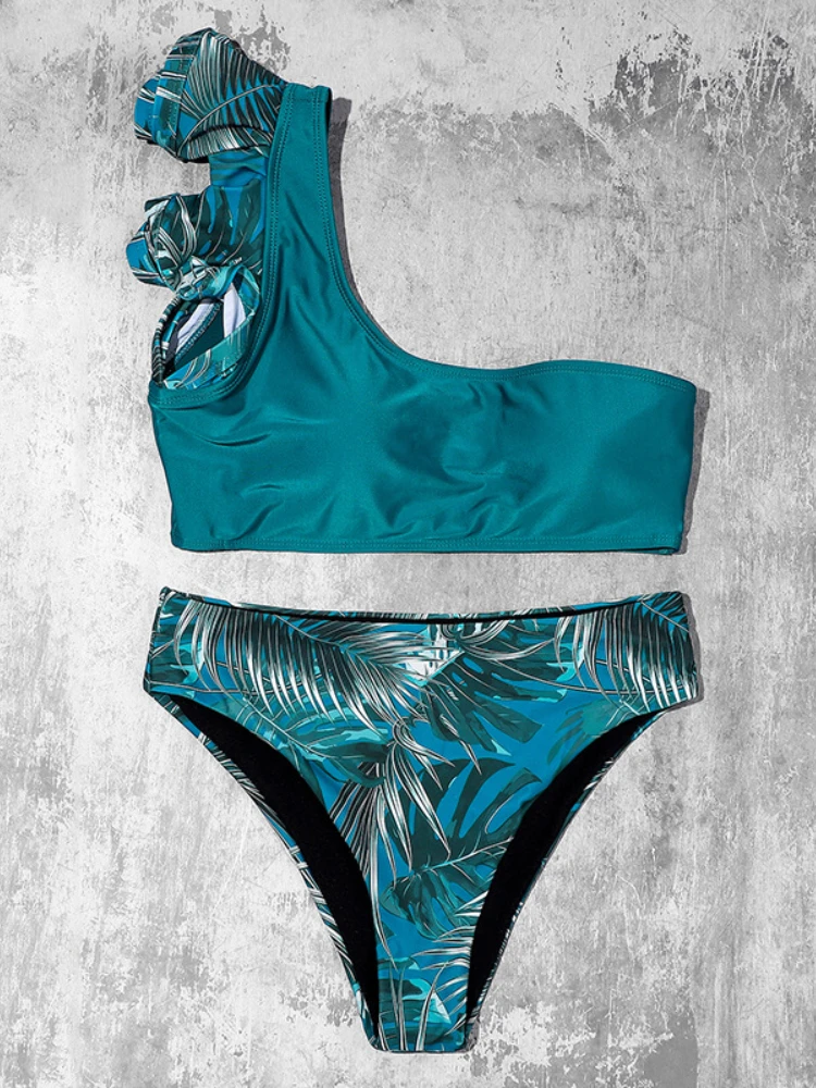 

Leaves Printed One-shoulder Ruffled Sexy Bikini Female Split Swimsuit Swimming Suit for Women Bikini Set 2 Piece Sets Sexy