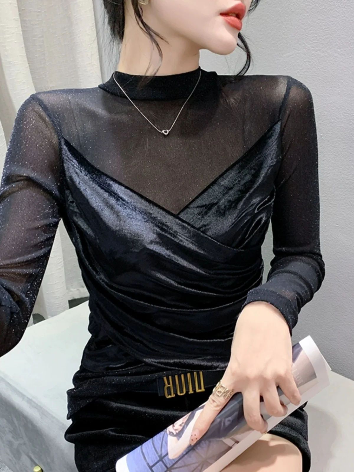 Женская сетчатая Водолазка с длинным рукавом черная эластичная облегающая