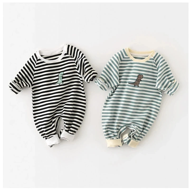 

2022 Spring Autumn Baby Striped Rompers Newborn Boys Dinsaur Embroidered Cotton Jumpsuits Infant Toddler Casual Clothes 0-2Years