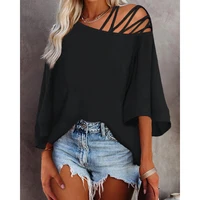 2022 women cold shoulder bell sleeve top solid black asymmetrical sexy streetwear ladies t shirts autumn blouse womens clothings