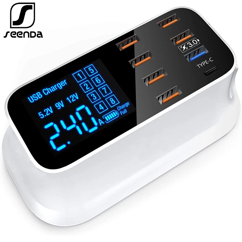 

SeenDa Multiple Ports Charging Station for Multiple Devices Quick Charge 3.0 USB Port Type C LCD Display Charger Cell Phone