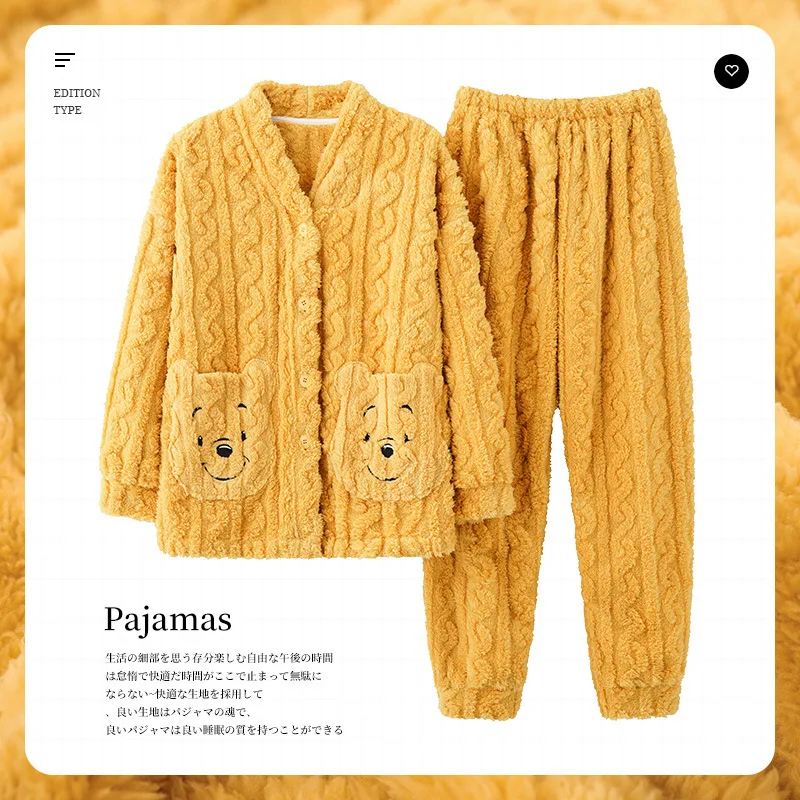 Winter New Coral Velvet Pajamas Women's V-neck Cardigan Warm Flannel Lovely Cartoon Cashmere Home Wear Nightclothes
