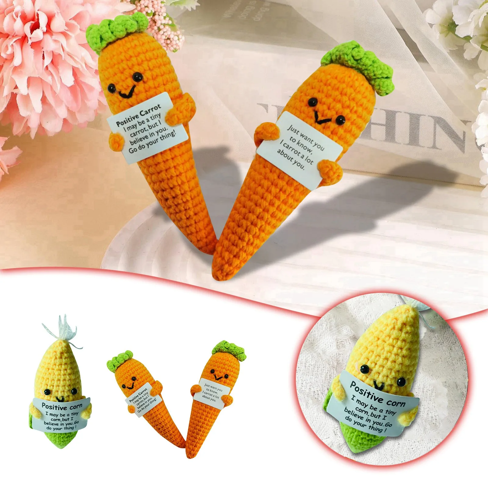 

Handmade Corn Carrot Doll Wool Crocheted Positive Expression Toy Decorative Figurine Desk Ornament For Home Office Decorations