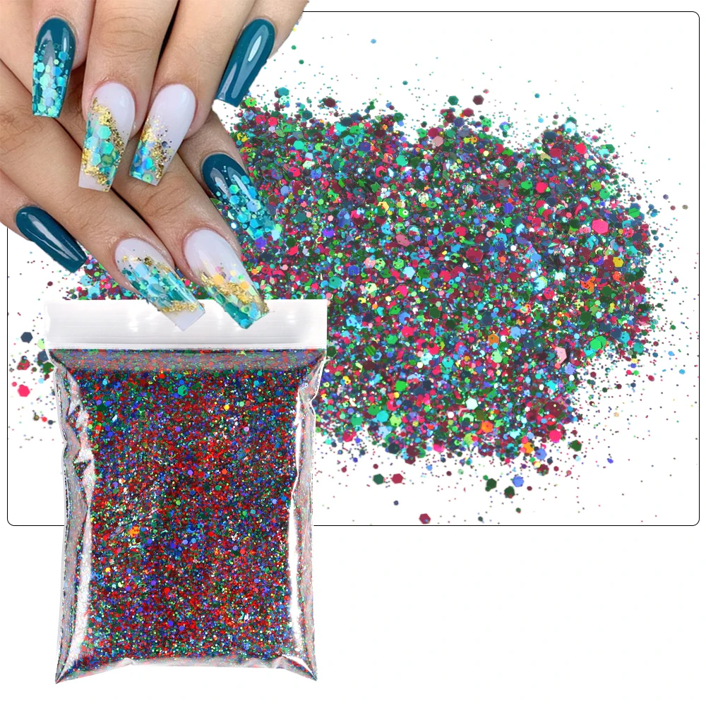 

50g/Bag Holographic Nail Art Glitter Laser Mixed Hexagon Flake Sequins Symphony Spangle Paillettes Chunky Nail Glitter 12 Colors