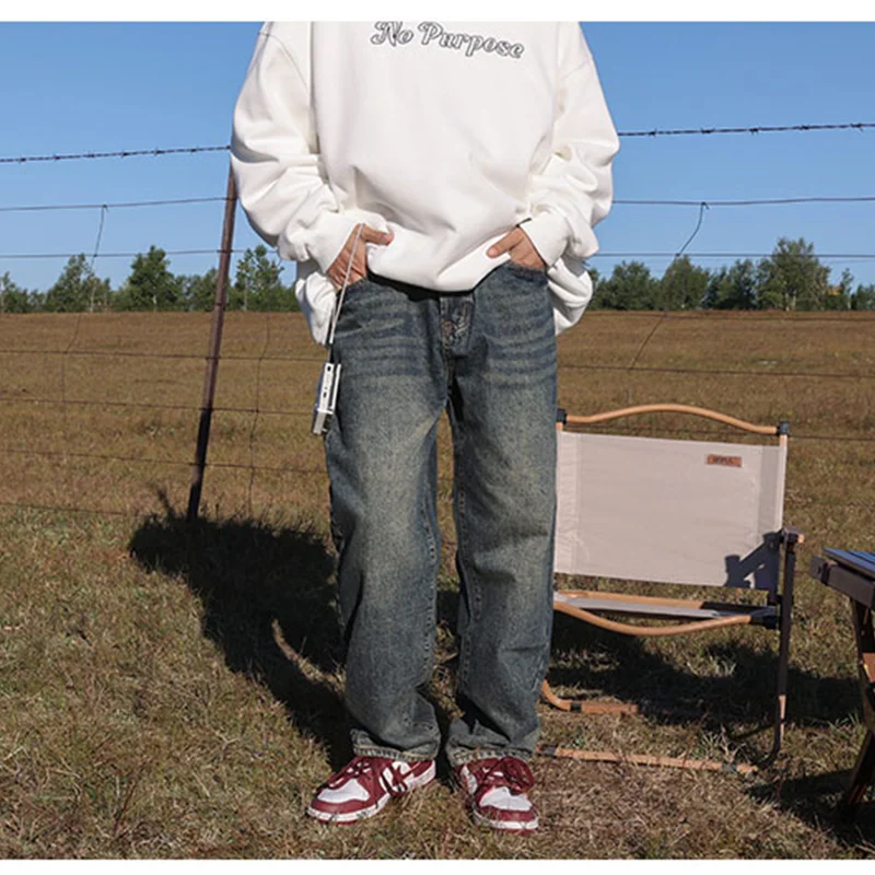 Men Clothing 2022 New Style Recreational Vintage Nostalgia Blue Jeans Straight Cylinder Loose Temperament Trousers Autumn Female