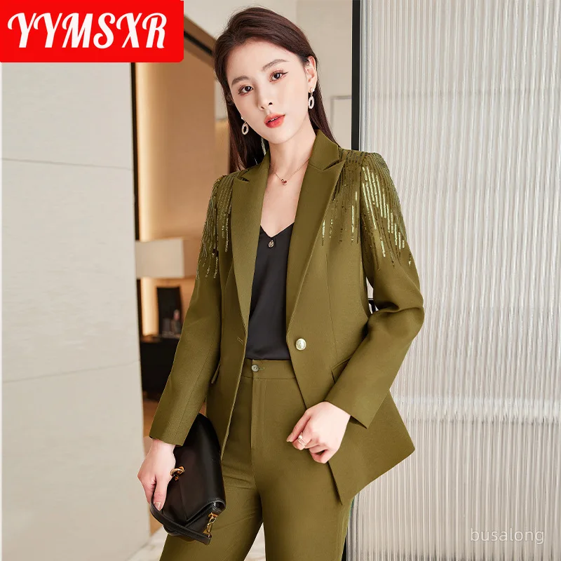 

S-4XL 2022 Spring and Autumn New High-end Professional Women's Two-piece Suit Elegant Sequin Decorated Female Office Workwear