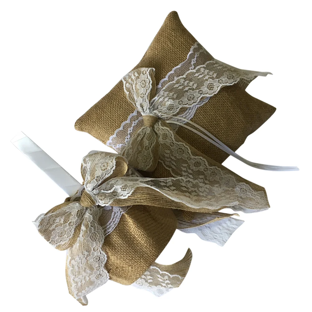 

2 Pcs Wedding Ring Pillow Bridal Ring Cushion Lace Small Basket Bows Ring Bearer