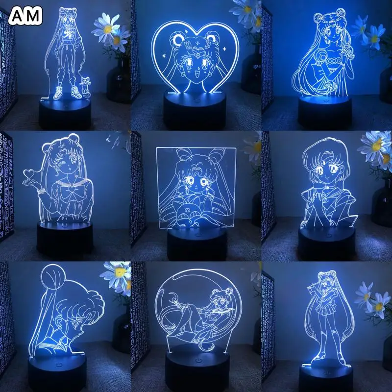 

Anime Sailor Moon Lamp Figure Tsukino Usagi Mizuno Ami 3D Led Night Light Manga Gift Color Changing Action Figure Model Toy