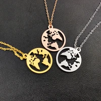 personalized fashion women stainless steel necklace round hollow out world map pendant gold cross chain choker jewelry wholesale