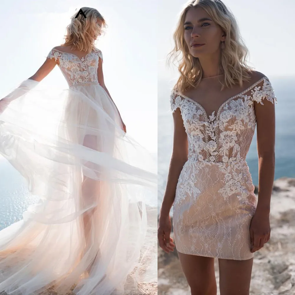 Beach Wedding Dresses 2 Pieces Short Skirt with Detachable Train Beading Appliques Lace Bridal Wedding Gown Customize Cap Sleeve