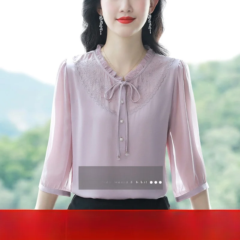 Шелковый топ женская рубашка с рукавом три четверти новые летние шелковые