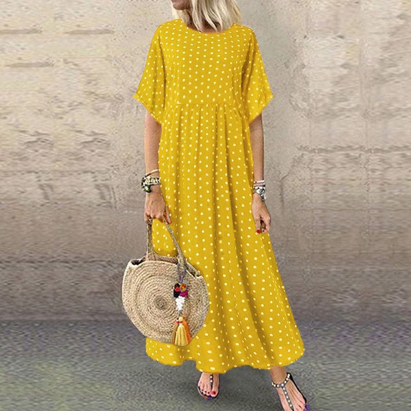 

Retro Bohemian O-Neck Short Sleeve Long Dress Femme Casual Dot Pinted High Waist Dress Summer Solid Loose Ventilate Vestidos