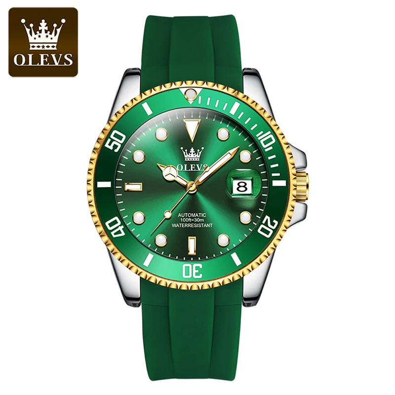 OLEVS Mens Watches Luminous Fashion Green Water Ghost Mechanical Wristwatch Simple Watch Silicone Strap Calendar Clock Men 6650