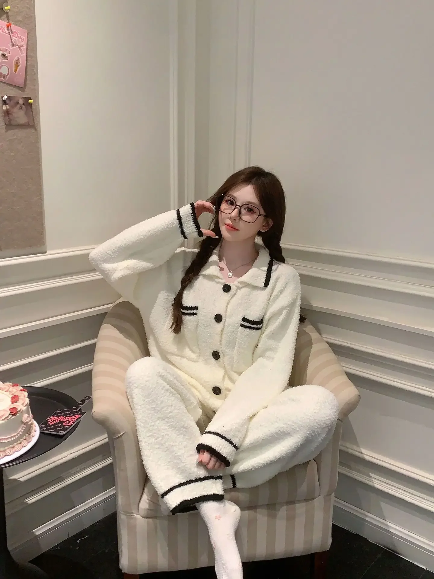 Утолщенные теплые женские пижамы с фланцем осень-зима удобная повседневная