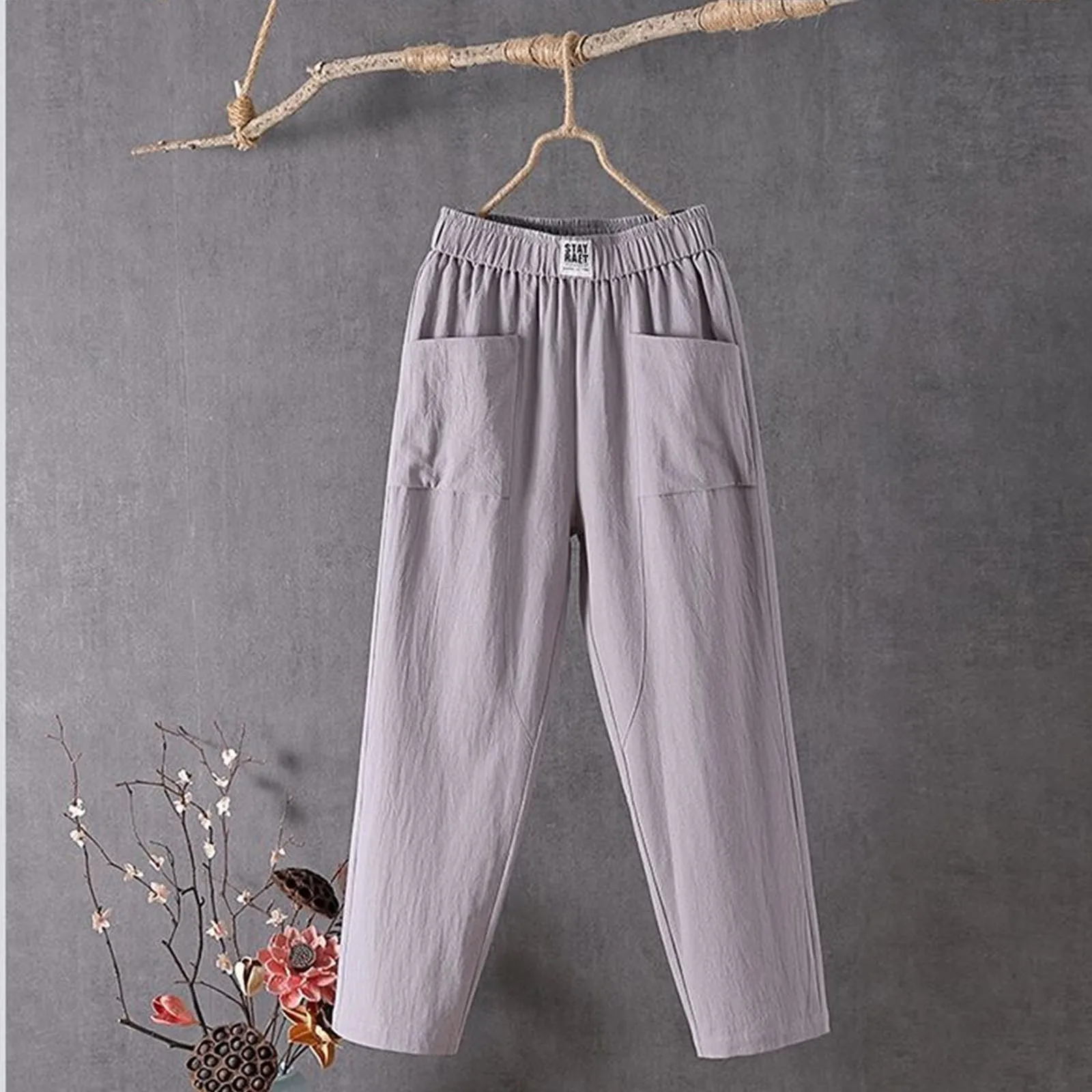 Эластичные дышащие брюки с карманами, свободные хлопковые брюки с поясом,женские брюки