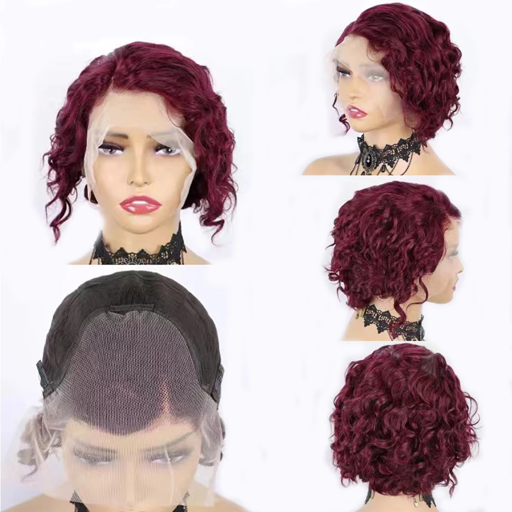 Bliss Pixie Cut Wig Short Bob Curly Human Hair Wigs 13X4 Transparent Lace 99J Burgundy Water Deep Wave Lace Front Wig for Women