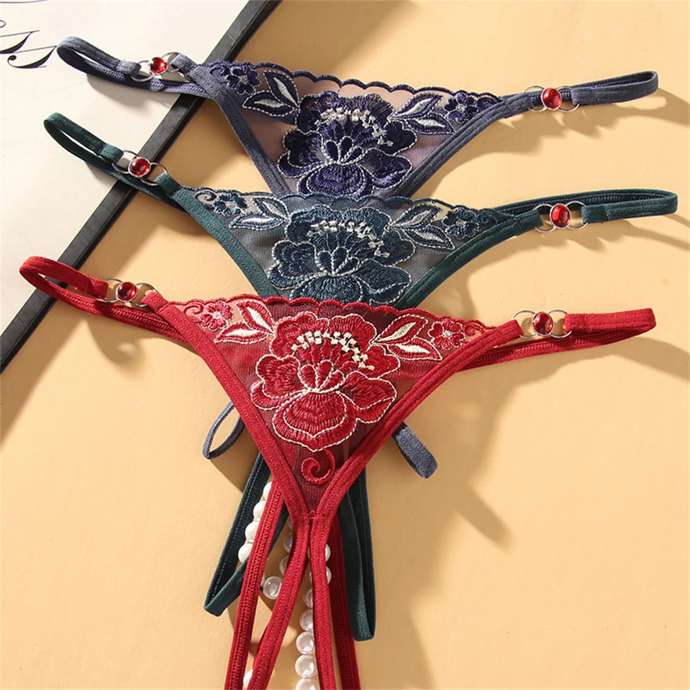 

Sexy Lingerie Female Massage Pearl G String Women Erotic French Beading Panties Ladies Peony Embroidery Briefs Hip Out Underwear