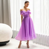 charming tea lengh lavender organza evening dress sweetheart off the shoulder womens lace up back prom gowns vestido de noche
